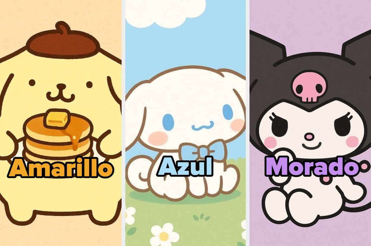 Tres personajes de dibujos animados sostienen objetos que representan colores: amarillo, azul y morado