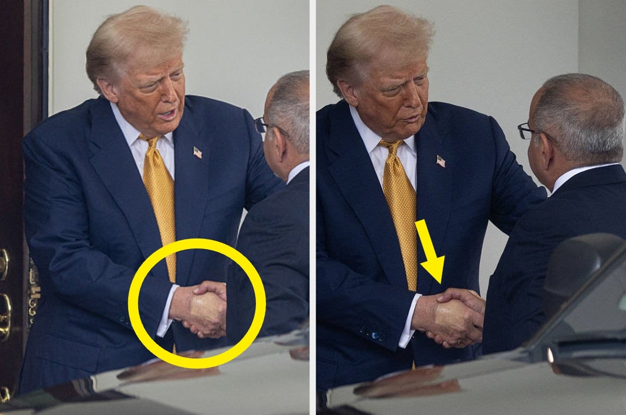 Two men shaking hands outside. One wears a suit with a yellow tie. Highlighted gesture suggests emphasis on handshake