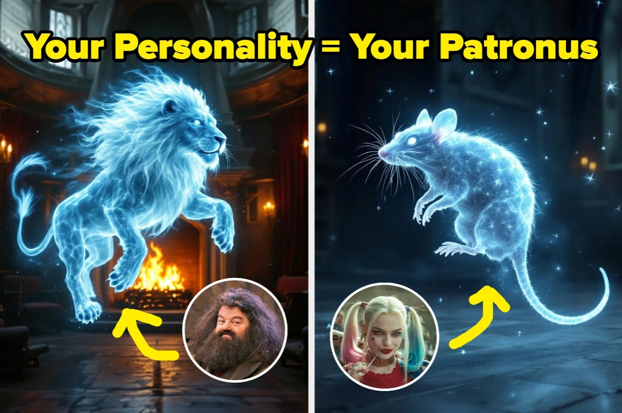 Split image: Left side shows a glowing lion patronus with Hagrid. Right side has a rat patronus with a character dressed like Harley Quinn. Text reads: "Your Personality = Your Patronus"