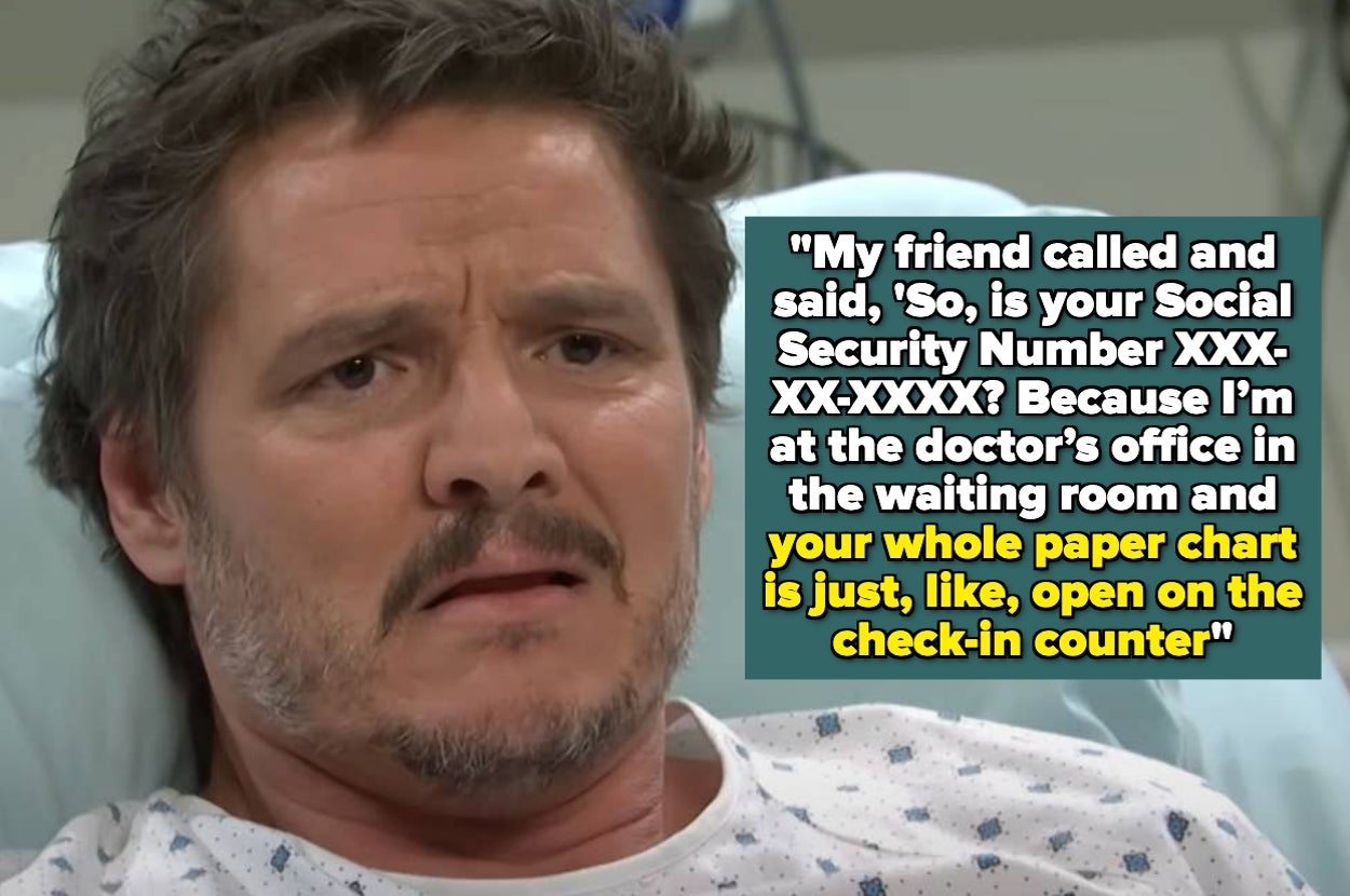 A man in a hospital gown looks concerned. Text describes a friend's call revealing his Social Security number is visible on a doctor's office chart