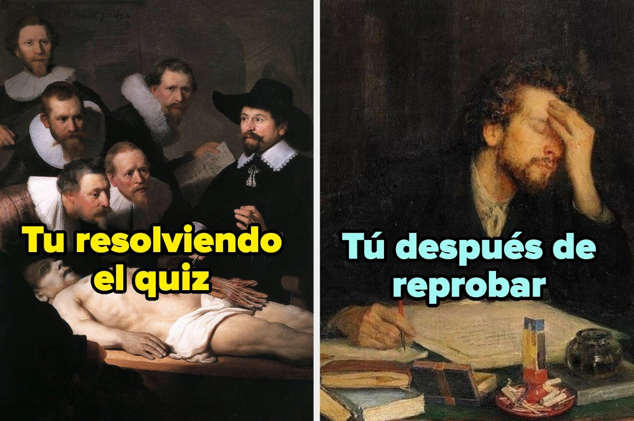 A la izquierda, personas observando un cadáver. A la derecha, persona frustrada con la mano en la frente frente a papeles y libros. Texto: "Tú..."