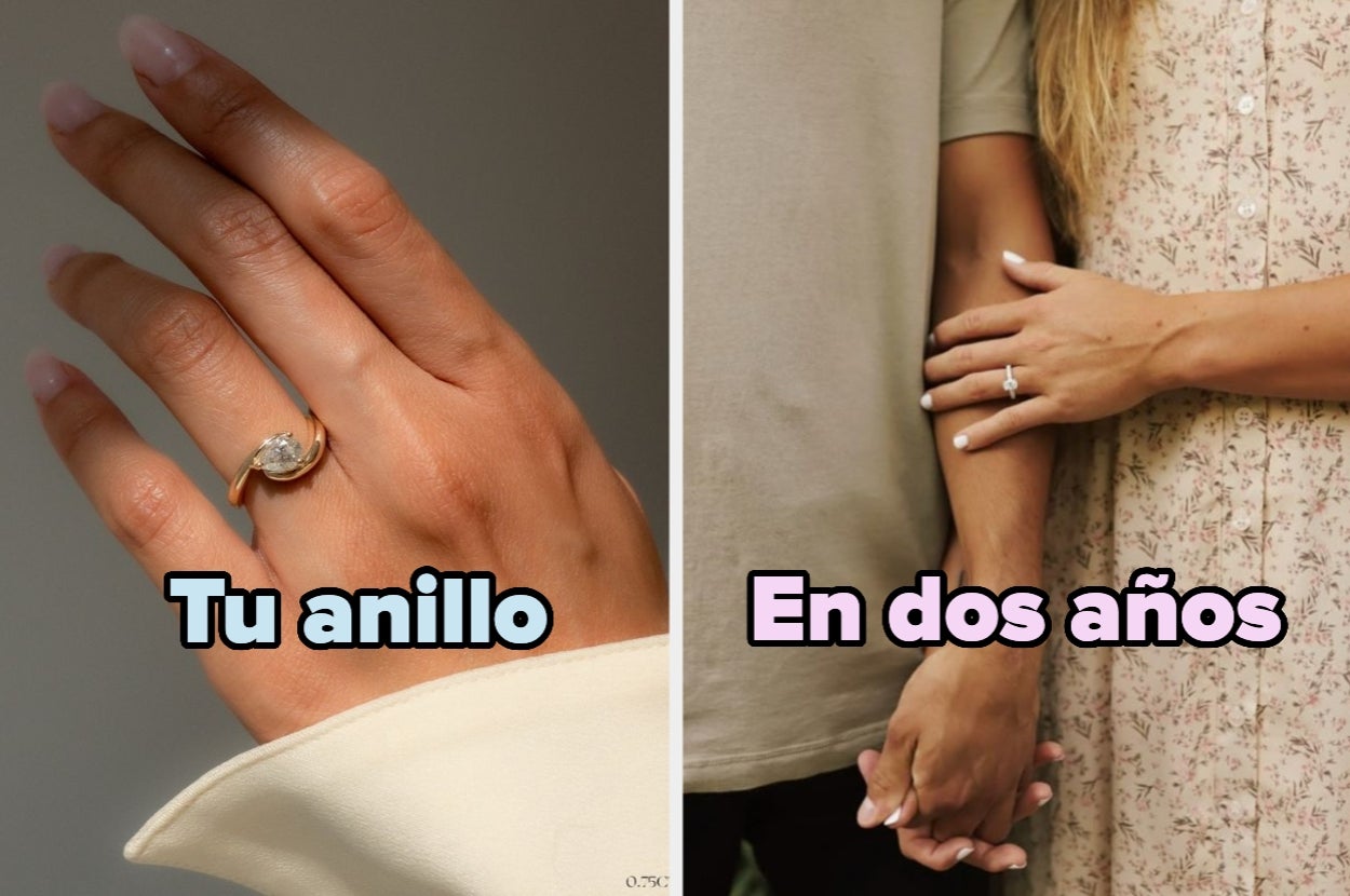 Dos imágenes: una muestra una mano con un anillo; la otra, una pareja tomados de la mano con su anillo. Texto: "Tu anillo" y "En dos años"