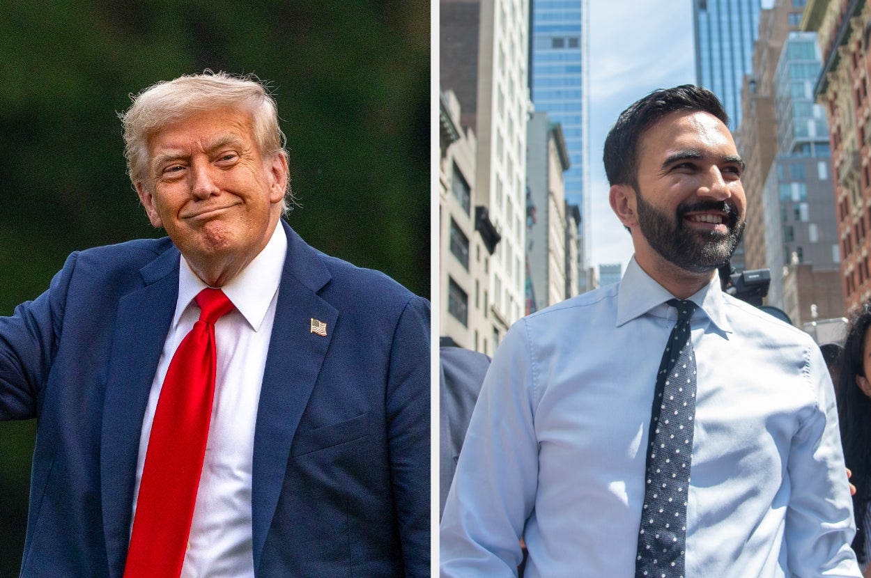 Two men in business attire, one with a red tie, standing outdoors smiling at separate events. Buildings visible in both backgrounds