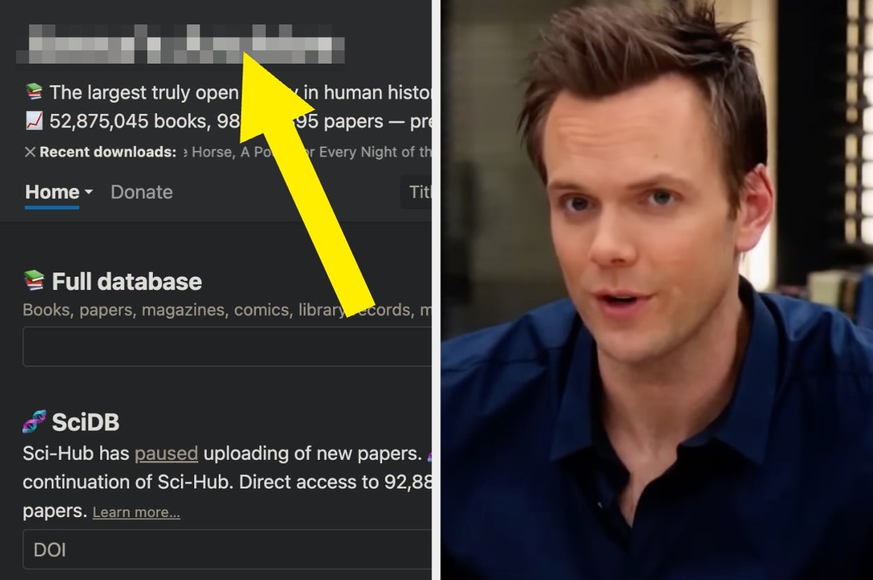 Split image showing a website offering access to a large number of books and papers, next to a person speaking on screen