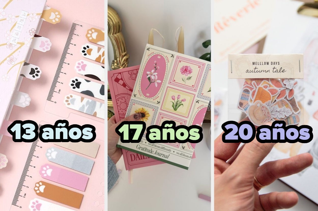 Diferentes cuadernos y papeles decorativos representando las edades de 13, 17 y 20 años