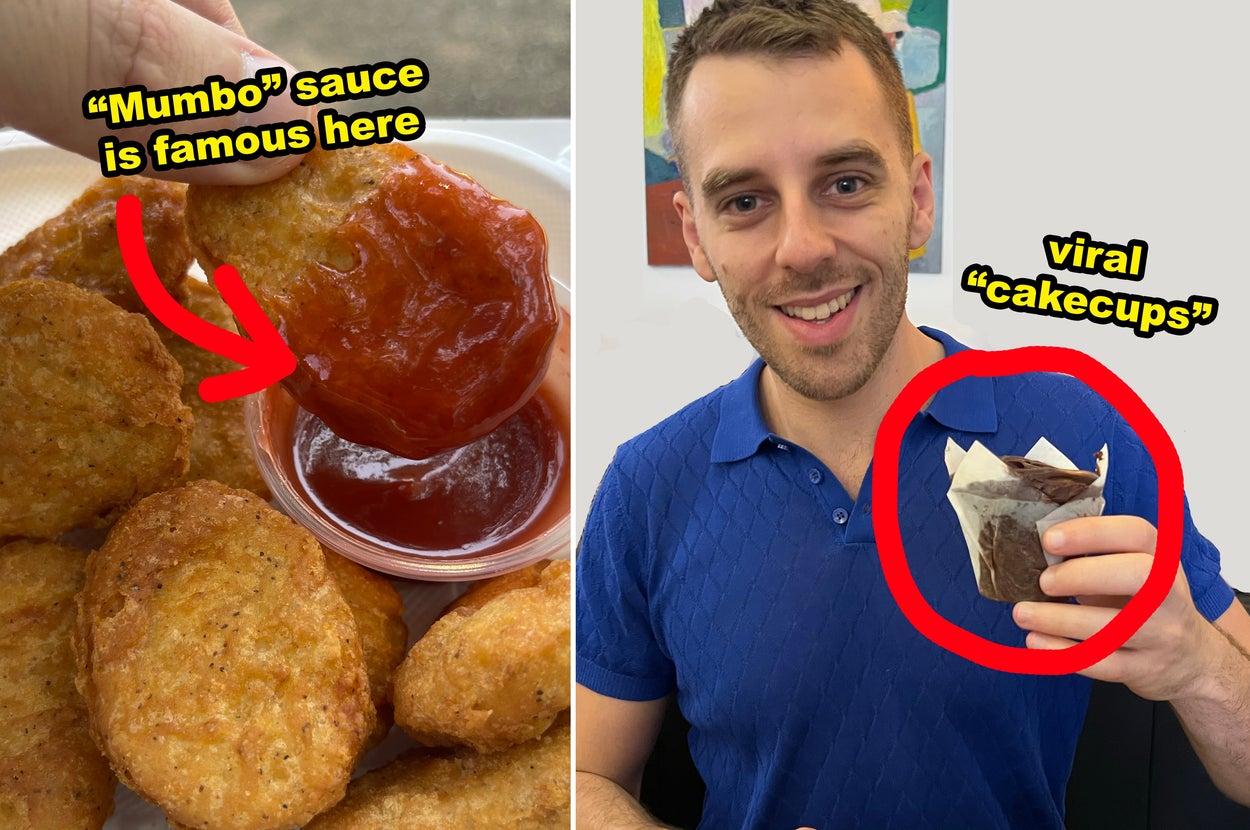 Left side: Chicken nuggets dipped in a famous red Mumbo sauce, Right side: Person holding a chocolate "cakecup" dessert