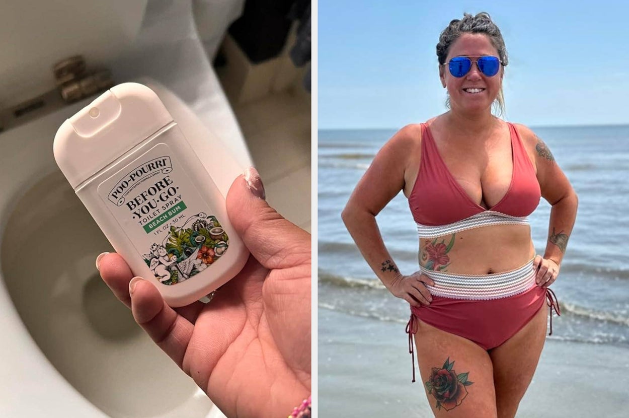 hand holding poo-pourri travel spray, reviewer wearing binkini