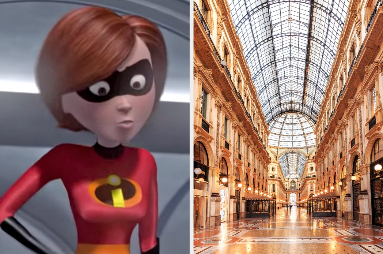 On the left, Elastigirl from The Incredibles making a pouty face, and on the right, Galleria Vittorio Emanuele II