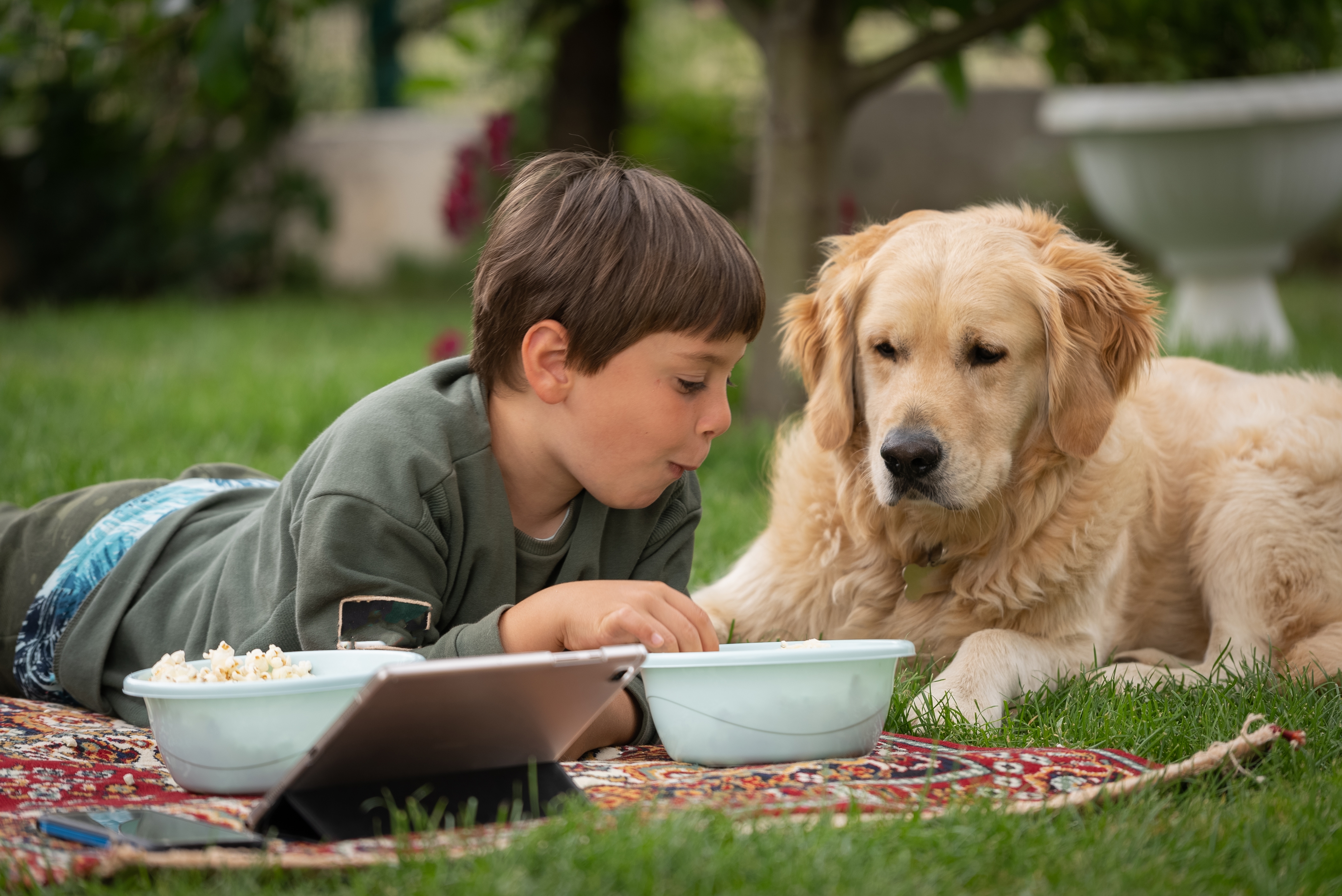 Gutt og hund som ligger på et piknikteppe i en hage, og deler popcorn fra en skål med et nettbrett i nærheten
