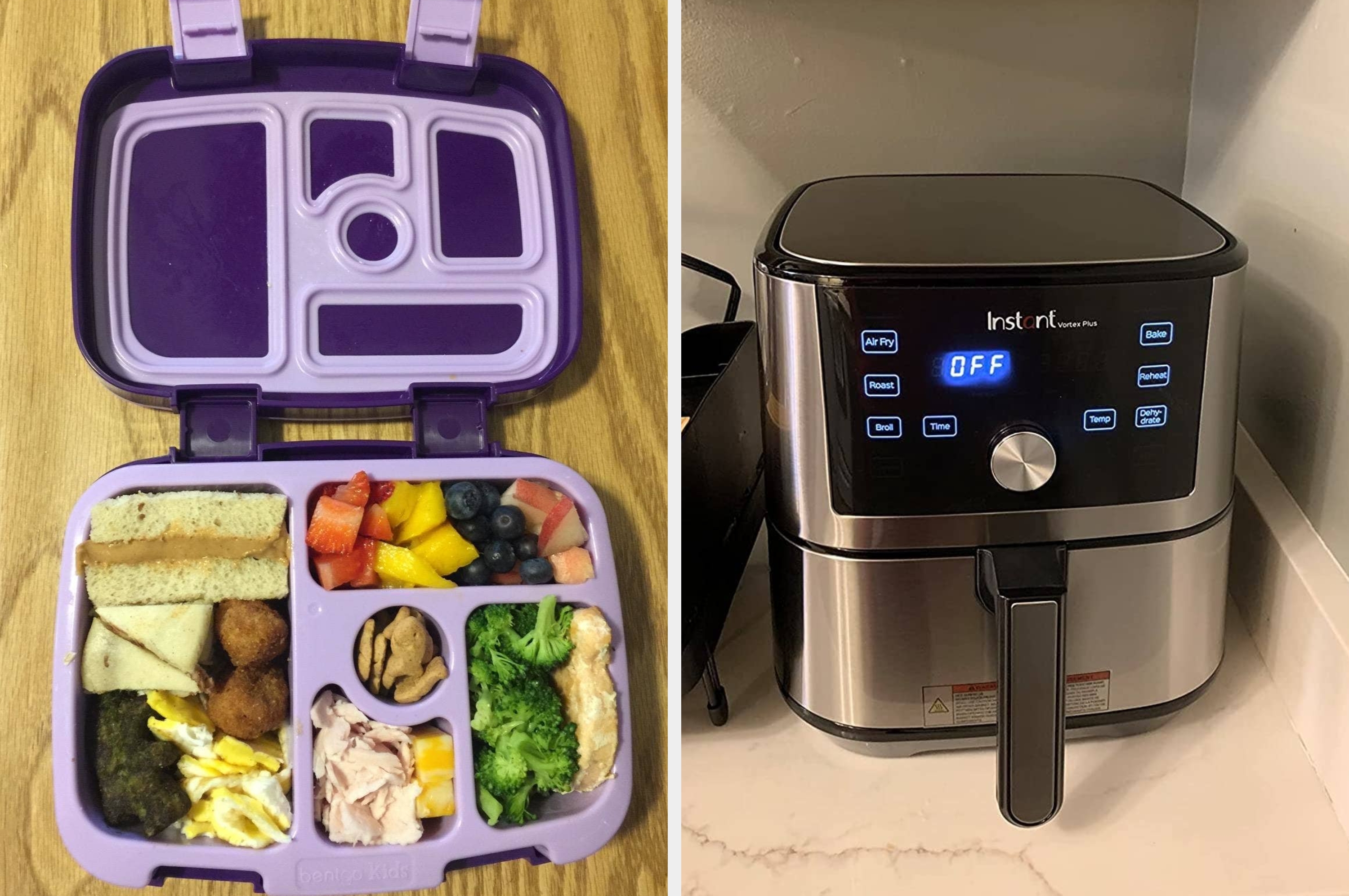 Divided meal prep tray with variety of foods next to an air fryer with digital display showing "OFF."