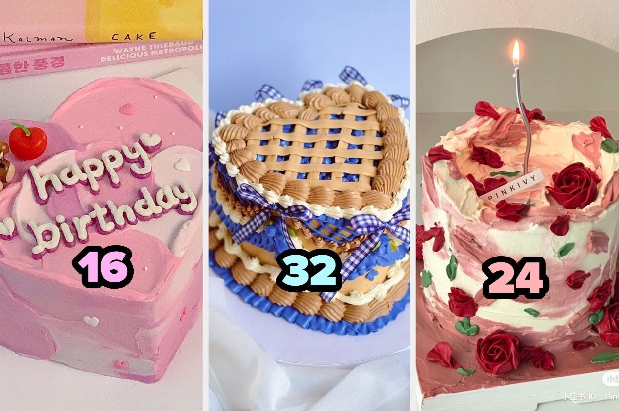 Tres pasteles decorados, numerados con 16, 32, y 24. Cada uno tiene un diseño único y llamativo