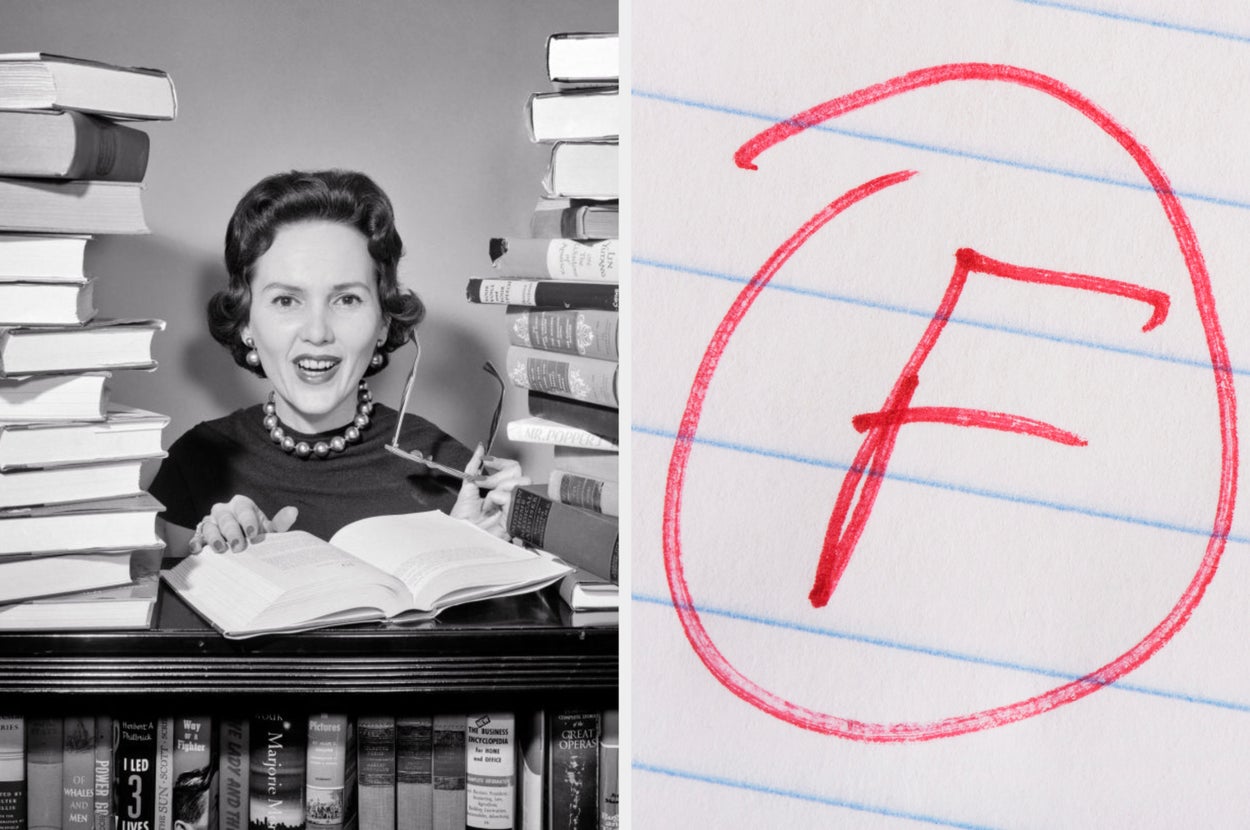 A woman surrounded by books holds glasses, smiling. Next to her, a large red "F" is on lined paper