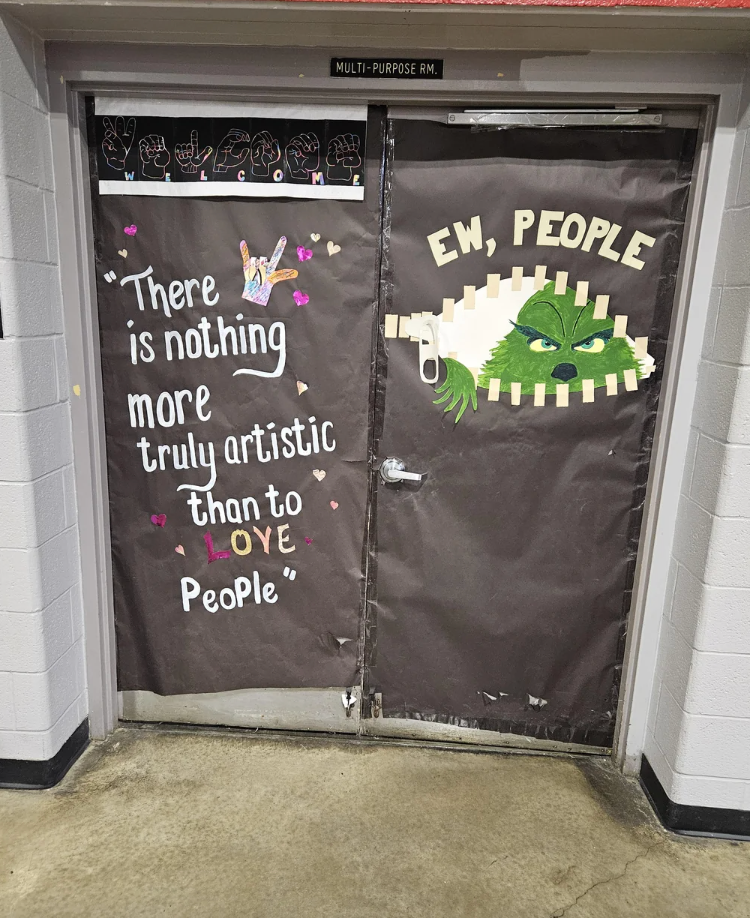 "There is thing  much  genuinely  creator  than to emotion  people." Opposite doorway  has "Ew, people" adjacent   a peeking cartoon face