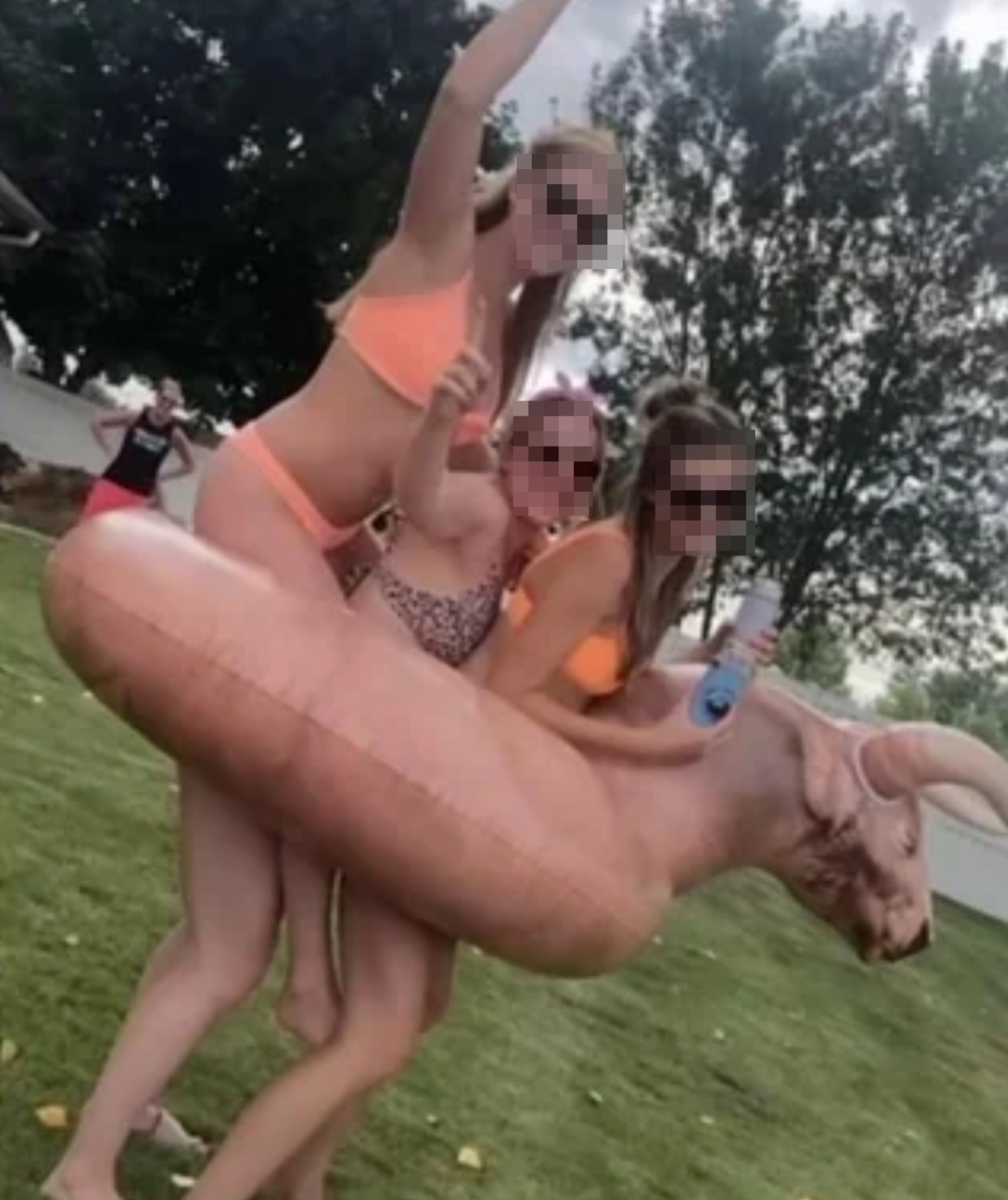 Three radical   successful  swimsuits balancing connected  an inflatable bull astatine  an outdoor gathering, smiling and enjoying a sunny day