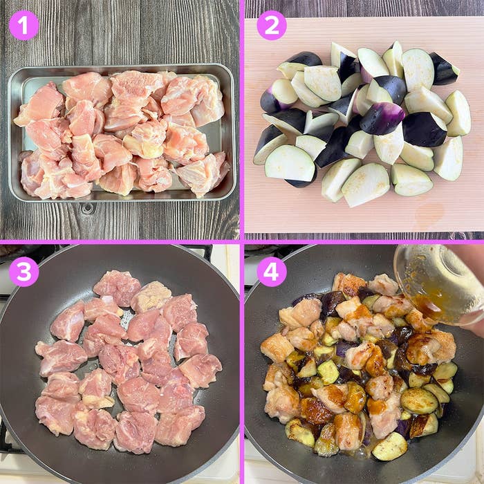 1. 鶏肉がトレーに乗っている。2. 切ったナス。3. 鶏肉をフライパンで炒める。4. 鶏肉とナスに調味料を加える。