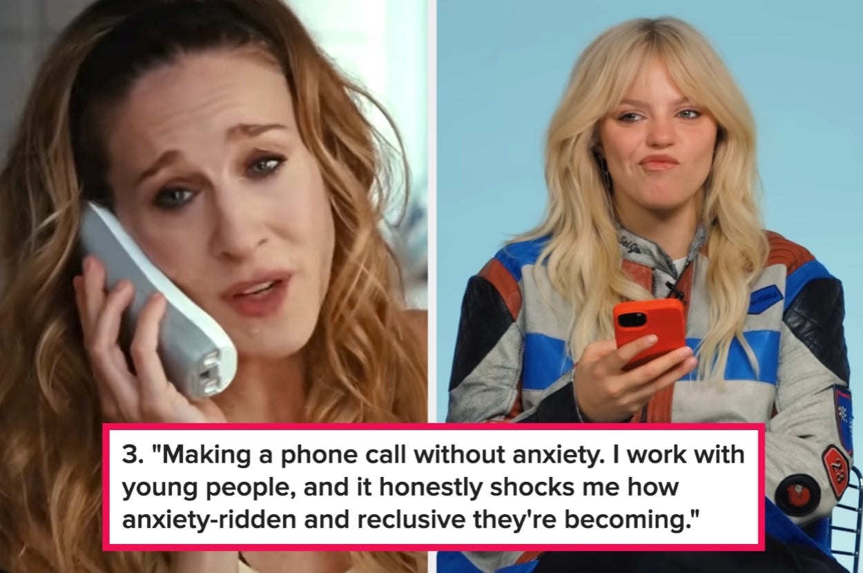 Two women on phones; left one speaking on a landline, right one making a face while holding a smartphone. Caption about anxiety and social behavior
