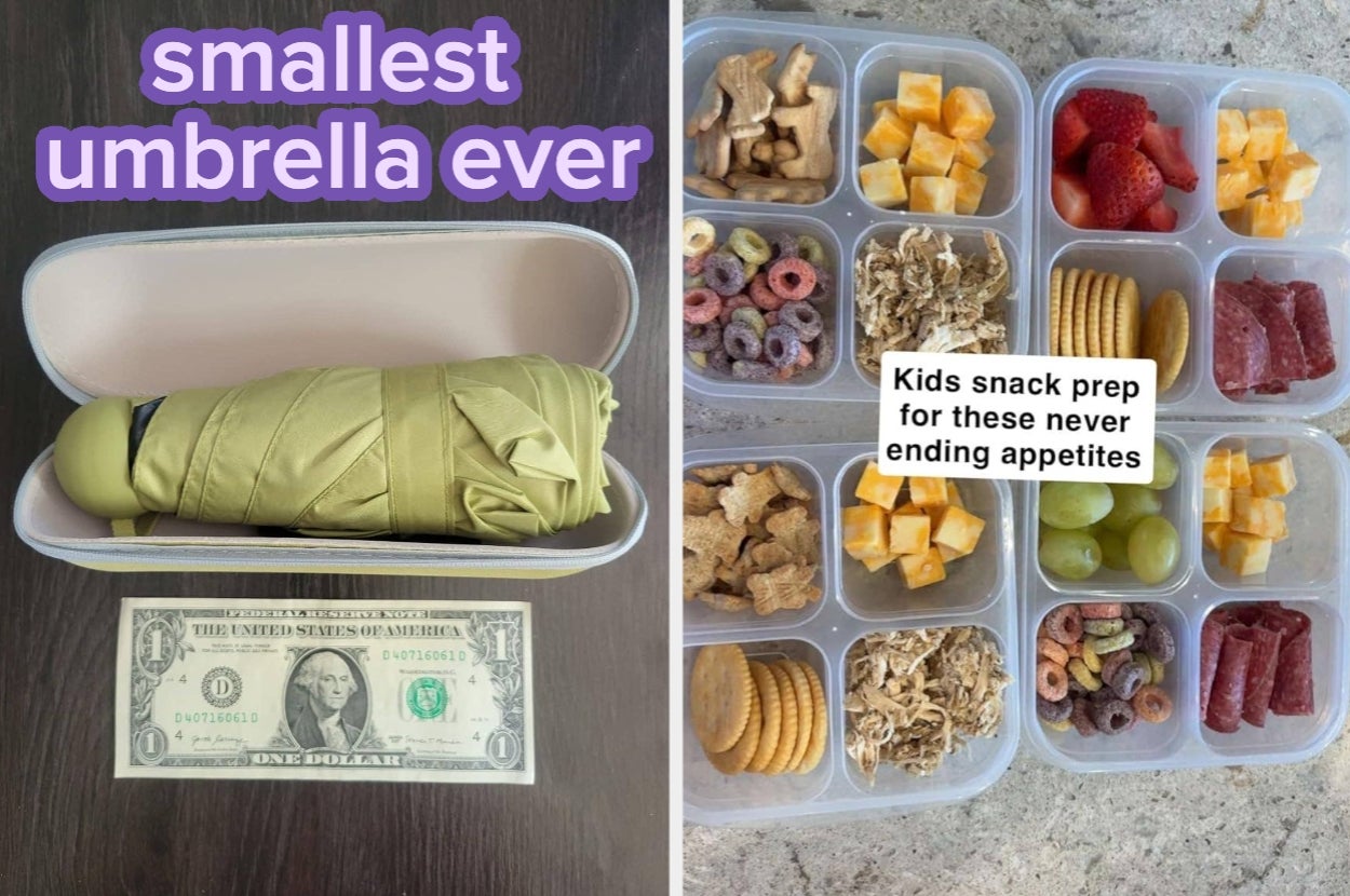 Left: Small umbrella beside a dollar bill for size comparison. Right: Assorted kids' snacks in containers including fruits, cereals, and cheese