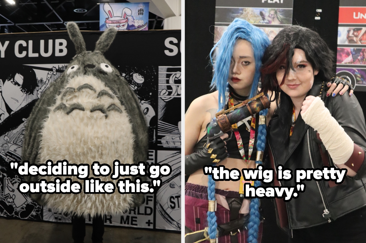 Left: Person in a large Totoro costume. Right: Two people in cosplay outfits, one with a long blue wig and prop weapon. Text: "deciding to just go outside like this." and "the wig is pretty heavy."