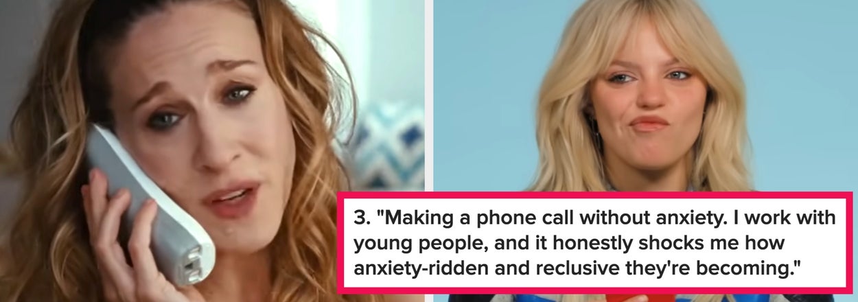 Two women on phones; left one speaking on a landline, right one making a face while holding a smartphone. Caption about anxiety and social behavior
