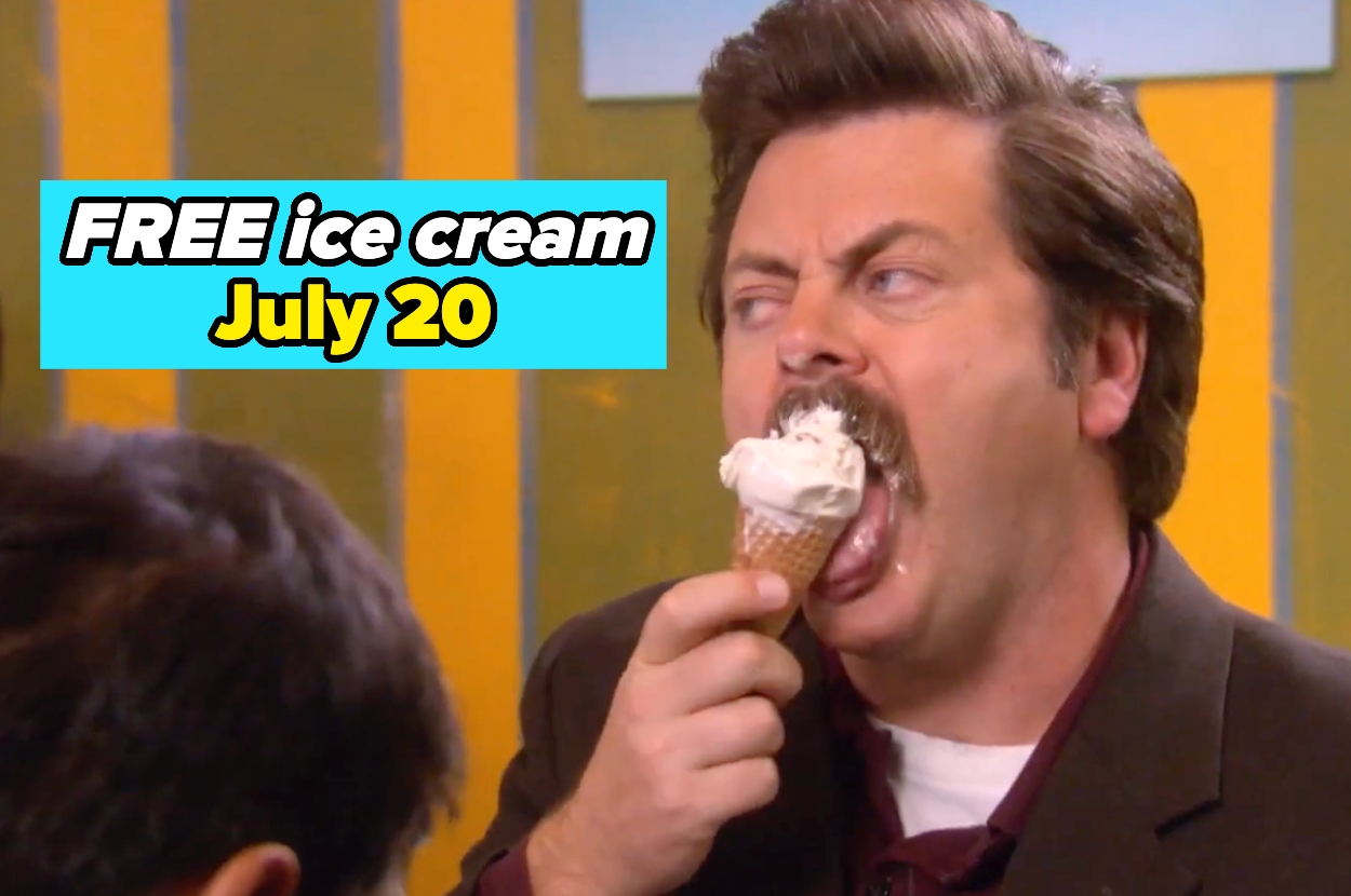 Ron Swanson enthusiastically eating an ice cream cone, with text stating "FREE ice cream July 20."