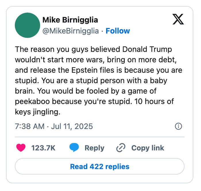 Tweet by Mike Birniglia criticizing beliefs about Trump, involving debt and Epstein files, with insulting language. 123.7K likes, 422 replies