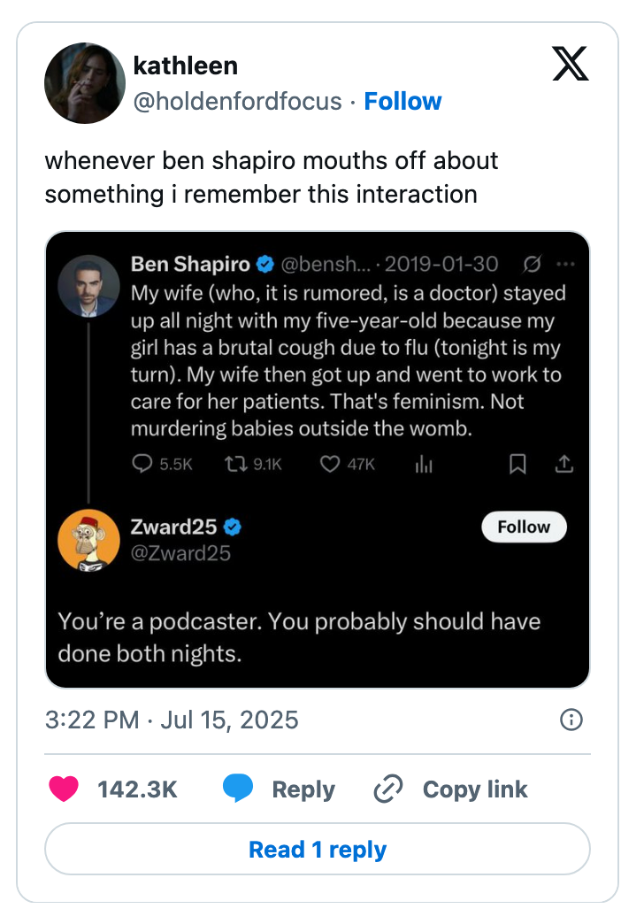 Tweet exchange: Ben Shapiro describes his wife&#x27;s care for their sick child. Zward25 humorously suggests recording a podcast about it