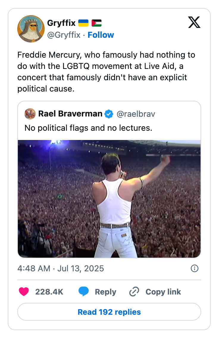 Tweet about Freddie Mercury&#x27;s LGBTQ+ support at Live Aid, contrasting with Rael Braverman&#x27;s stance against political symbols and speeches
