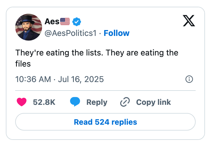 A tweet from @AesPolitics1: &quot;They’re eating the lists. They are eating the files.&quot; Shows engagement stats and reply options
