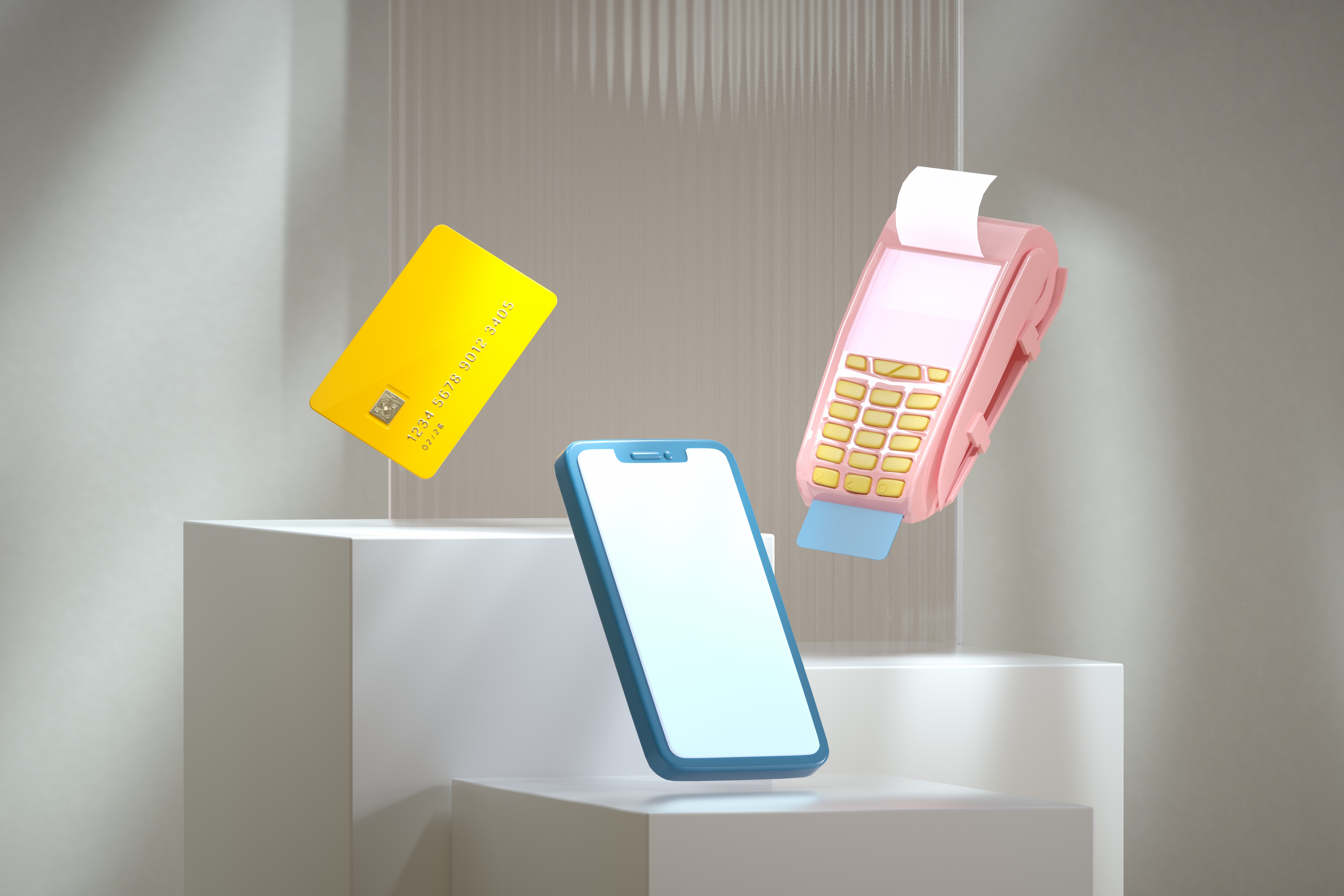 Credit card, smartphone, and payment terminal floating above white pedestals, symbolizing modern digital transactions