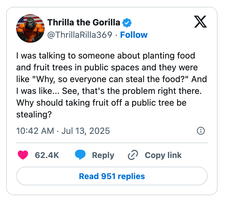 Tweet discusses planting food and fruit trees in public spaces, questioning why taking fruit from public trees is considered stealing