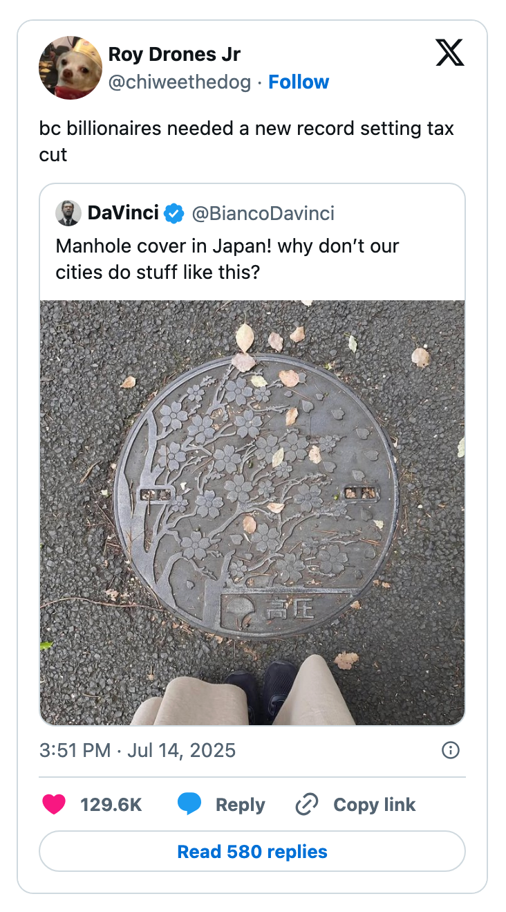 Social media post showing a tweet with a decorative manhole cover in Japan, highlighting its design and questioning why cities don&#x27;t adopt similar styles