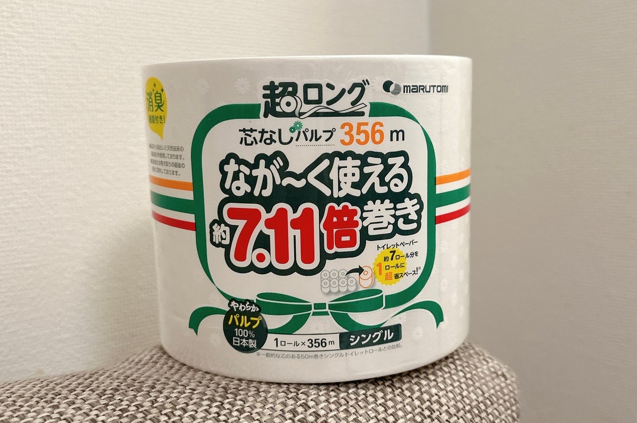 芯なしパルプトイレットペーパー、長さ356mで約7.11倍巻きの表示。