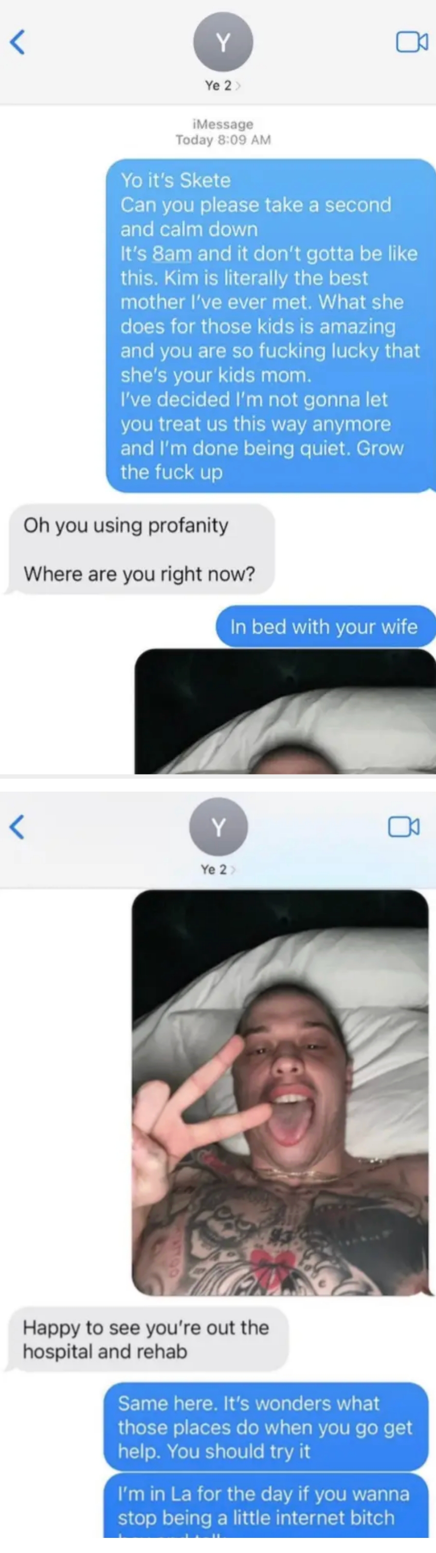 Screenshot of an iMessage conversation with between Pete and Kanye, expressing frustration