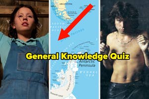 Three-image collage: Child in overalls, map of Antarctica with "General Knowledge Quiz" text, and a person posing shirtless