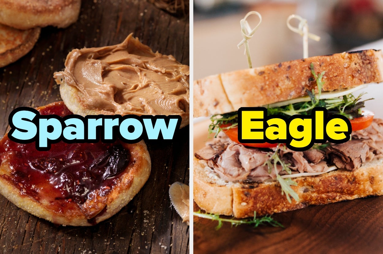 Split image: Left shows a peanut butter and jelly English muffin, right shows a roast beef sandwich with tomato and greens on bread