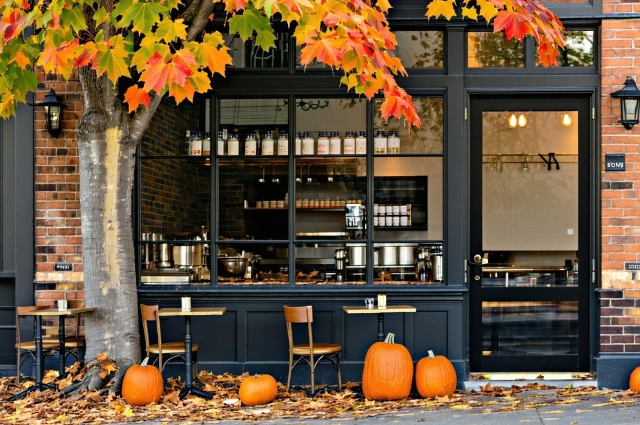 A quaint café exterior with autumn leaves, pumpkins, wooden tables, and chairs set outside, conveying a cozy fall atmosphere