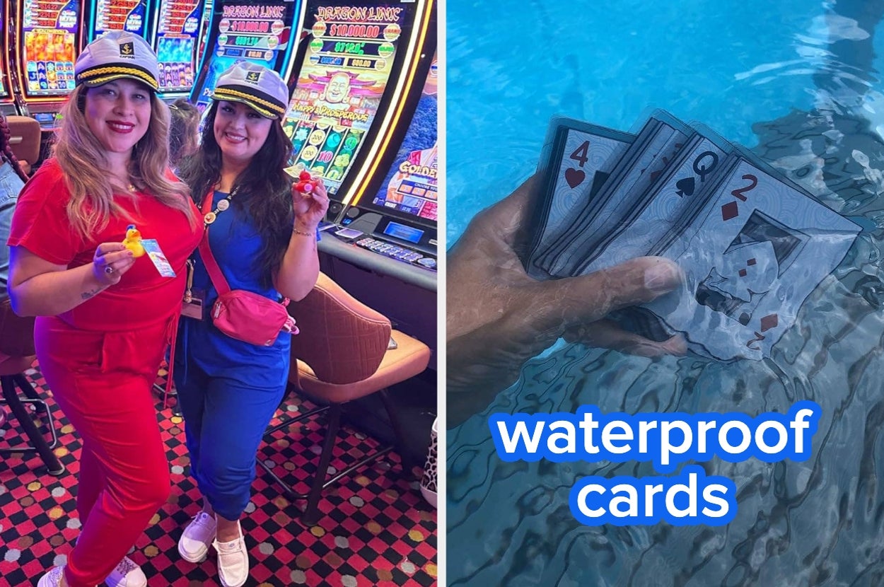 Two people in captain hats pose in a casino. Right: Waterproof playing cards held in water