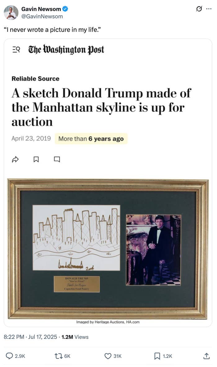 Image of a framed sketch and photograph. Caption states, "A sketch Donald Trump made of the Manhattan skyline is up for auction."