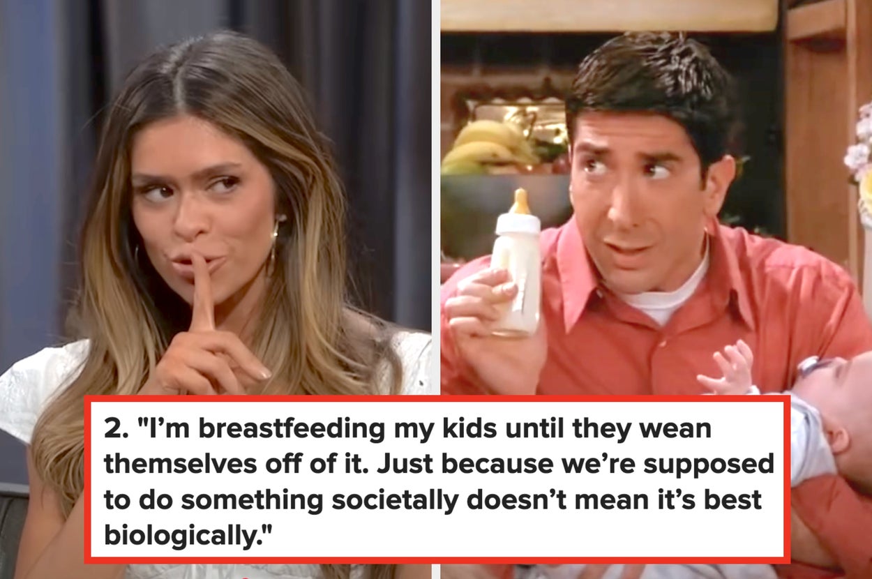 Two women, one in a white off-shoulder top talking, another pumping breast milk, with a text about breastfeeding choices
