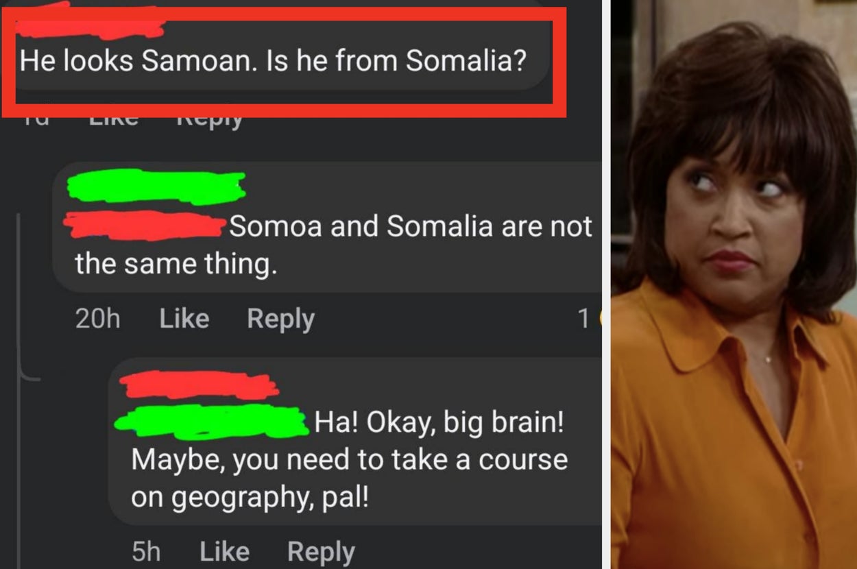 A social media exchange misunderstands Samoa for Somalia. A person incorrectly suggests a geography lesson. A woman looks skeptical