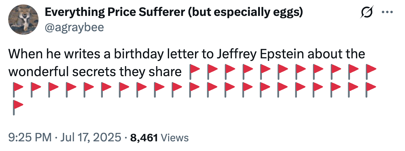 Tweet with red flags implying caution about someone writing a birthday letter to Jeffrey Epstein