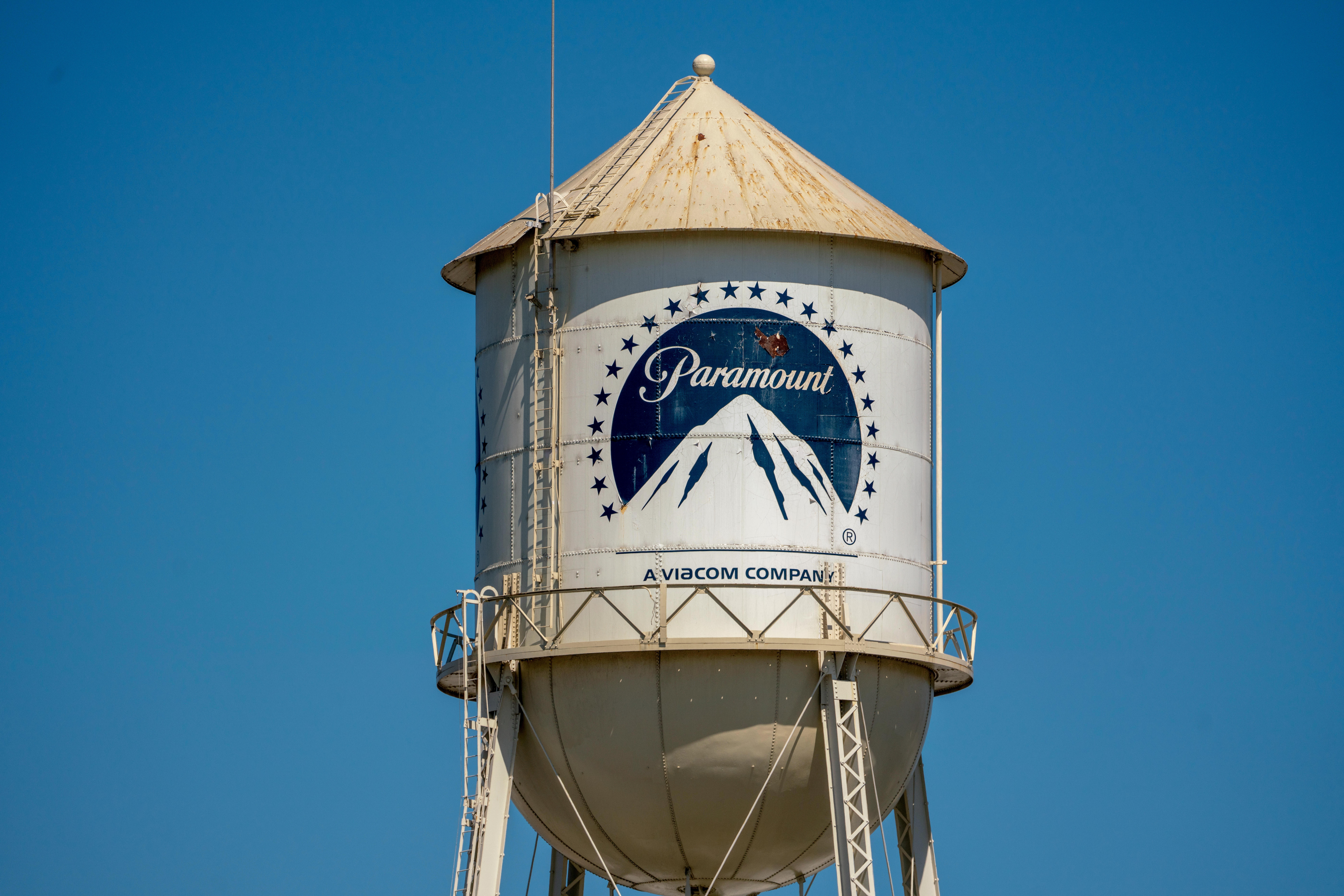A water tower featuring the Paramount Pictures logo with the mountain and stars design