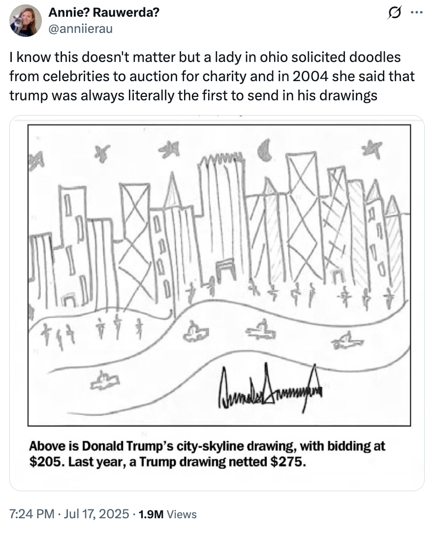 Tweet shows a sketch of a city skyline by Donald Trump, bidding at $205. Caption mentions celebrities doodling for charity, netting $275 for Trump&#x27;s drawing