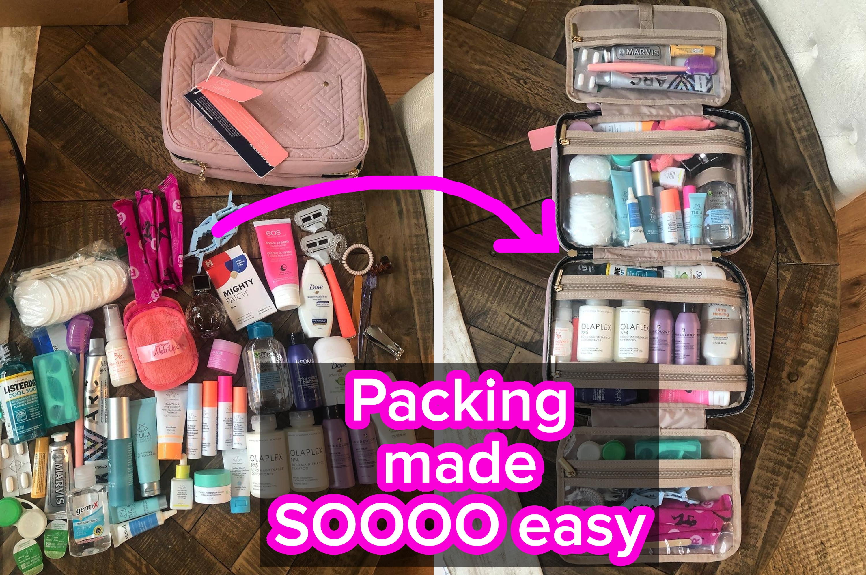 A wide array of travel-sized toiletries and beauty products arranged neatly inside an organized travel bag with multiple compartments