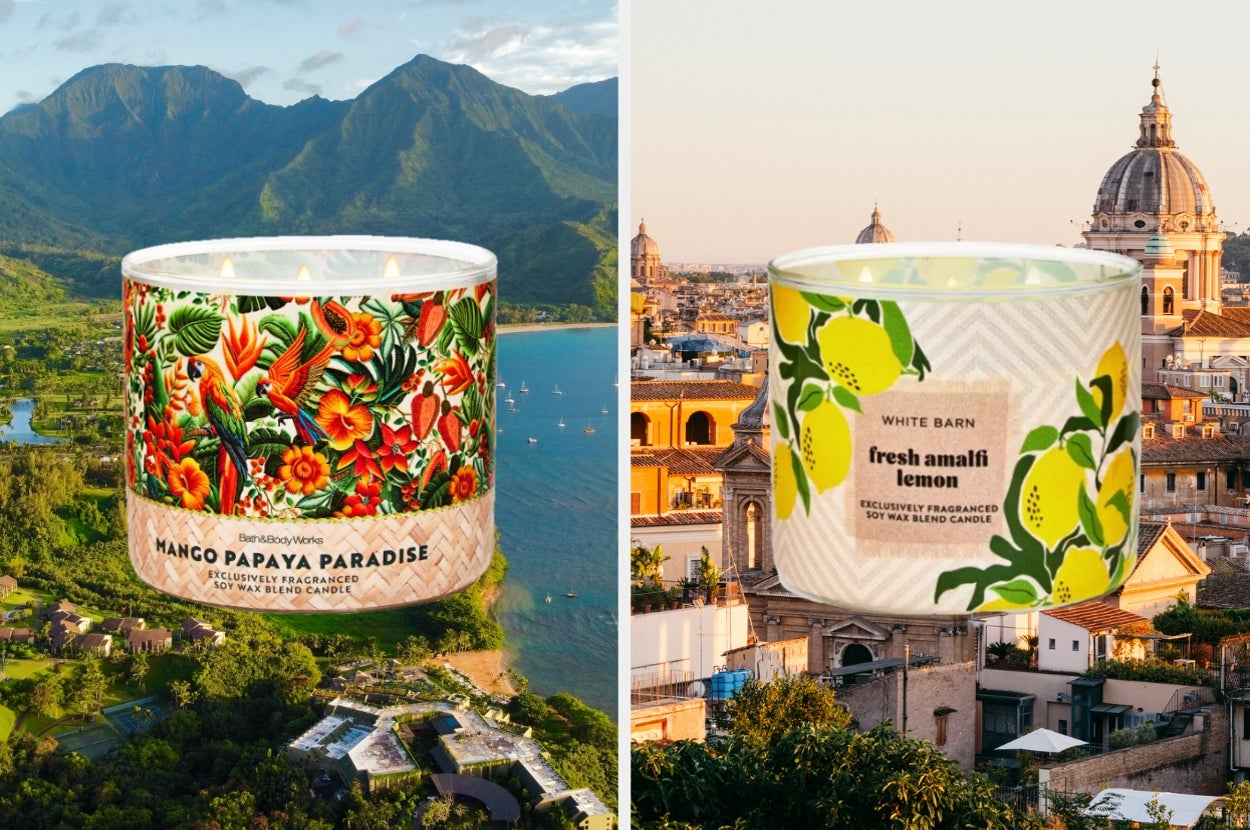 Two candles with tropical designs: "Mango Papaya Paradise" and "Fresh Amalfi Lemon." Backgrounds show a lush landscape and a cityscape with a dome