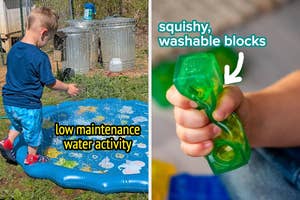Child playing on inflatable splash pad; hand holding squishy, washable block. Text highlights: "low maintenance water activity," "squishy, washable blocks."