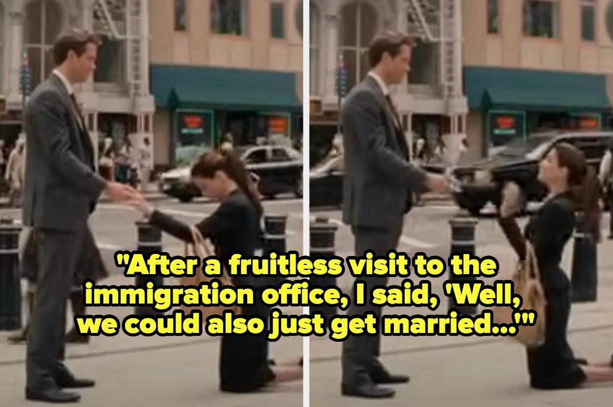 Sandra Bullock proposing to Ryan Reynolds in The Proposal. text: "After a fruitless visit to the immigration office, I said, 'Well, we could also just get married'"
