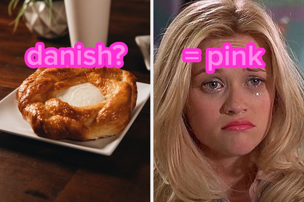 Left: A cheese Danish pastry on a plate. Right: A woman with long hair looks sad, with a tear on her cheek. Overlaid text: "danish? = pink"