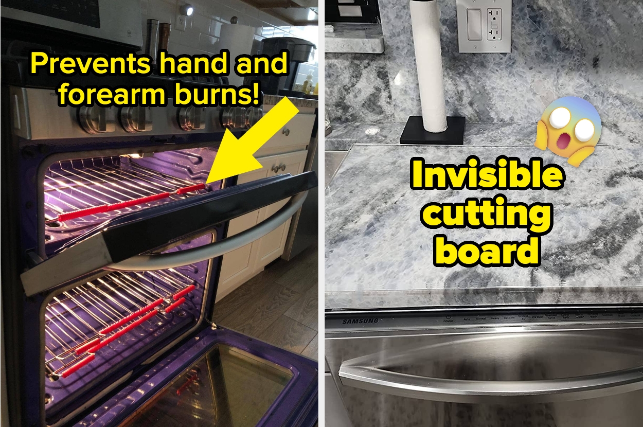 Left: An oven with a safety rack that prevents burns. Right: A countertop with an integrated invisible cutting board
