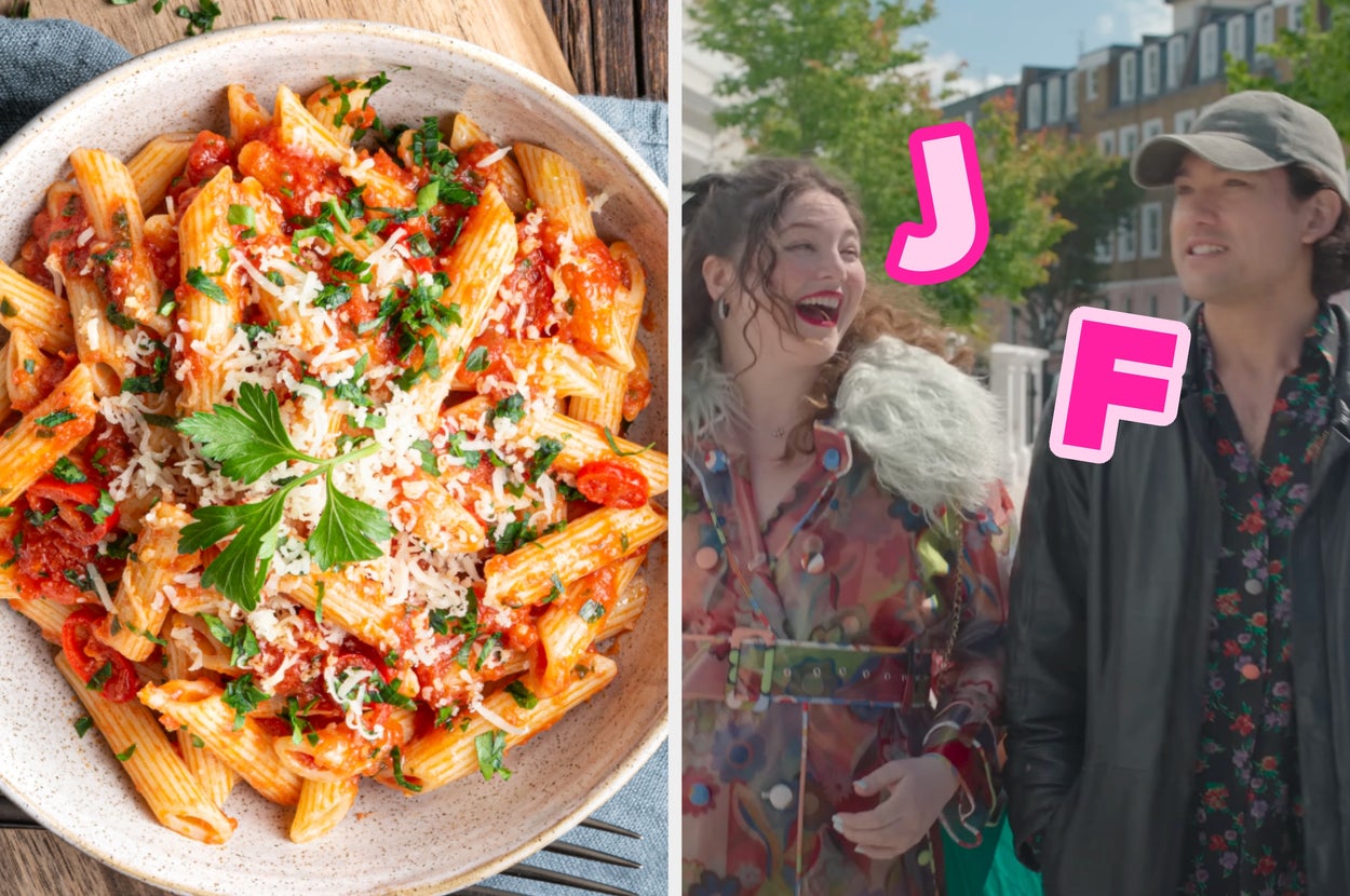 On the left, penne with tomato sauce topped with cheese, and on the right, Megan Stalter and Will Sharpe smiling and walking down the street with J typed by her face and F typed by his